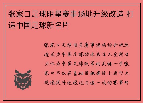 张家口足球明星赛事场地升级改造 打造中国足球新名片