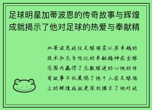 足球明星加蒂波恩的传奇故事与辉煌成就揭示了他对足球的热爱与奉献精神