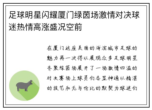 足球明星闪耀厦门绿茵场激情对决球迷热情高涨盛况空前